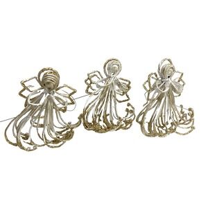 Unique Set of 3 Vtg Wire Angel Ornaments 5.75" Handmade Glitter Wings Gold